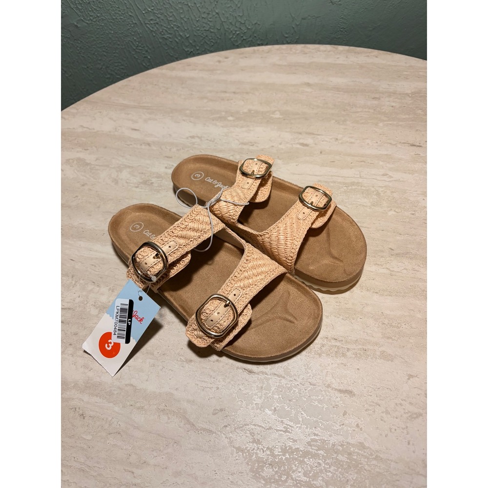 Cat & Jack Toddler Girls Woven Double Strap Buckle Slide Sandals Peach Tan Sz 3